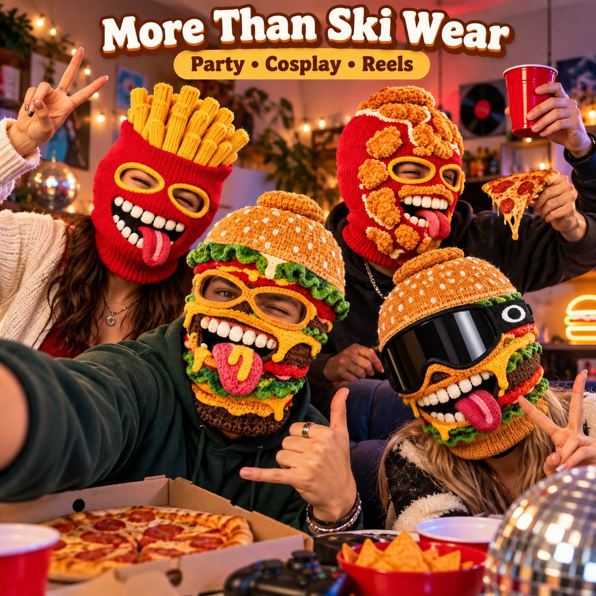 Novelty Food Print Knit Face Cover, Cozy Winter Headgear for Snow Sports & Costume Events
