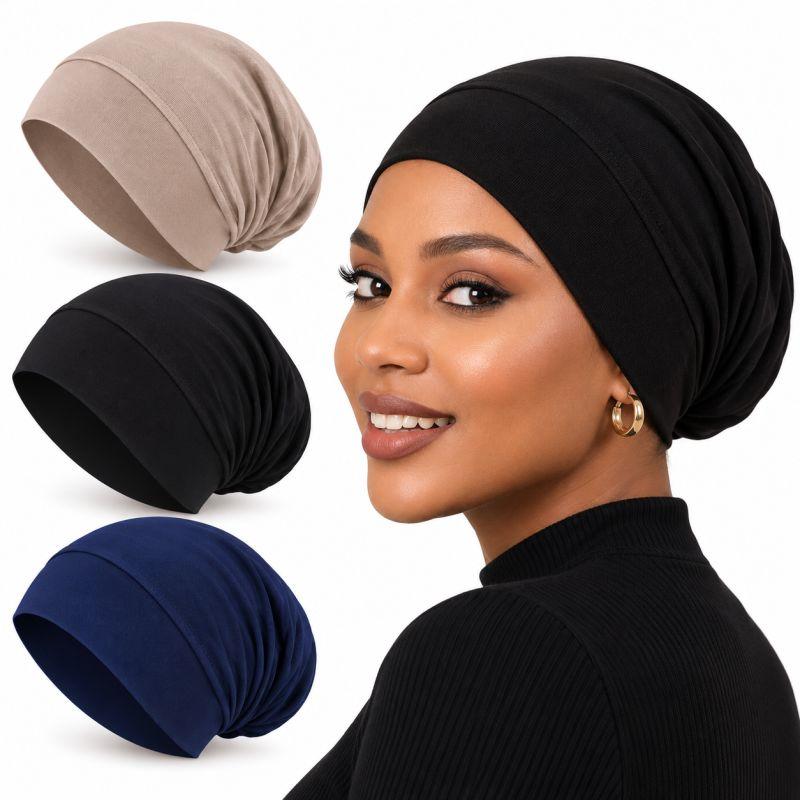 🔥3 Pack Women Solid Jersey Hijab Flat Top Cap