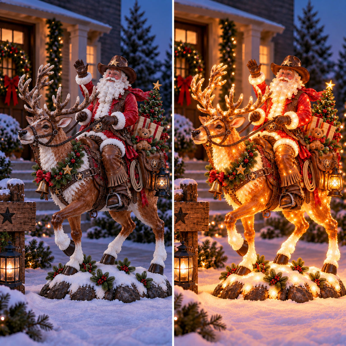 🎅🤠 Western Cowboy Santa on Horse Lighted Christmas Statue | Rustic Ranch Holiday Outdoor Décor
