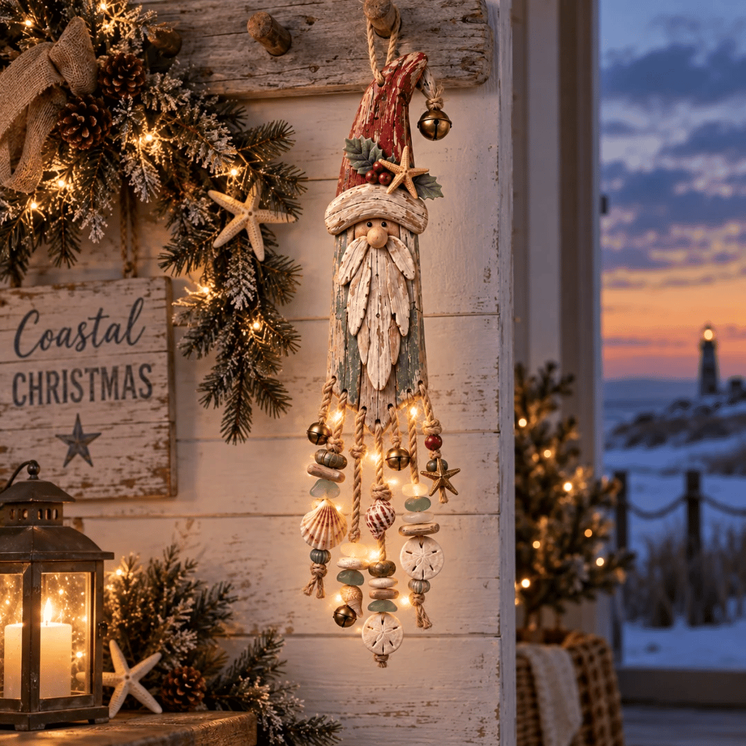 🔔🎄Vintage Coastal Santa Lighted Wall Decor – Beach House Christmas Hanging with Starfish, Shells & Warm Glow🌙