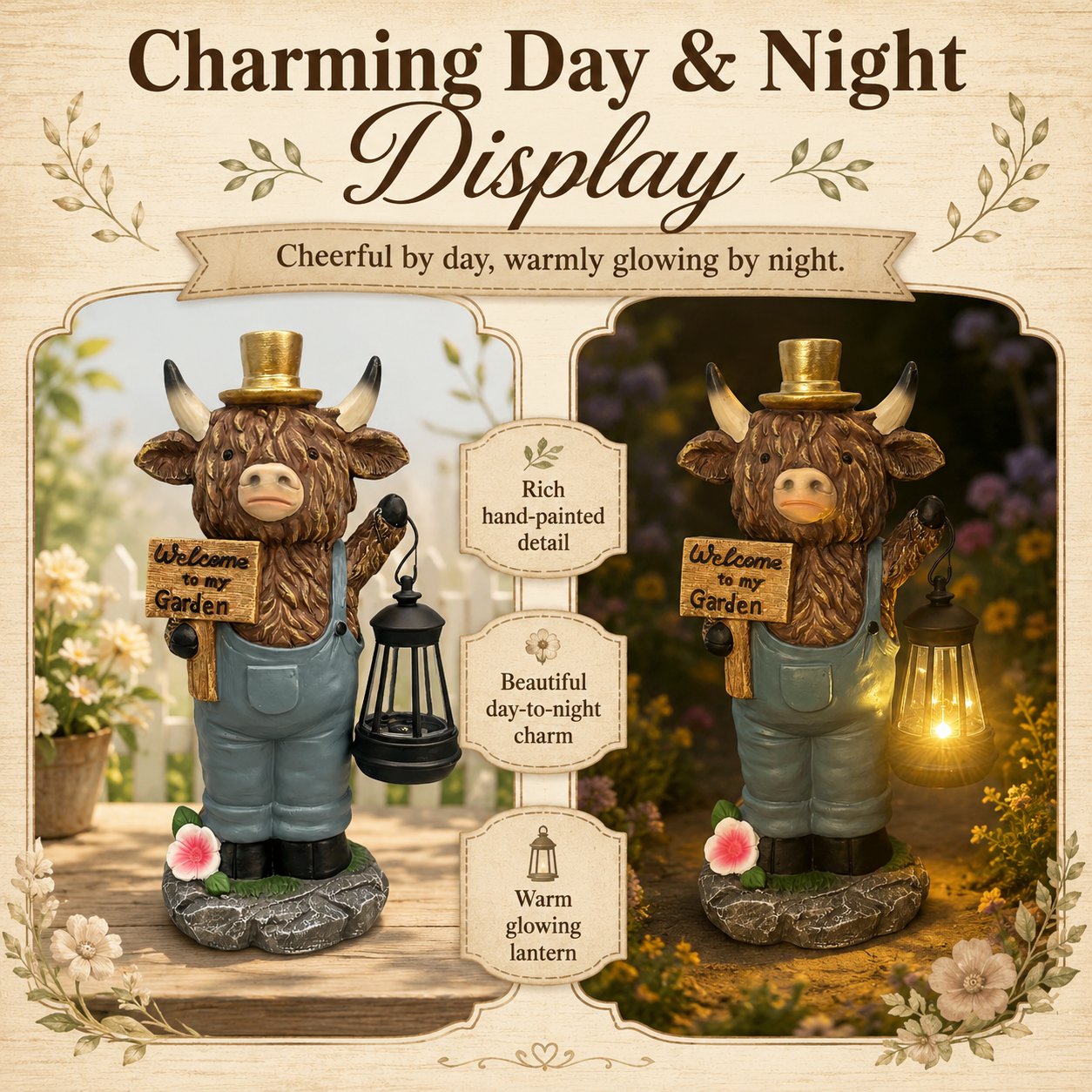 🐮Handcrafted Highland Cow Solar Garden Lantern Statue