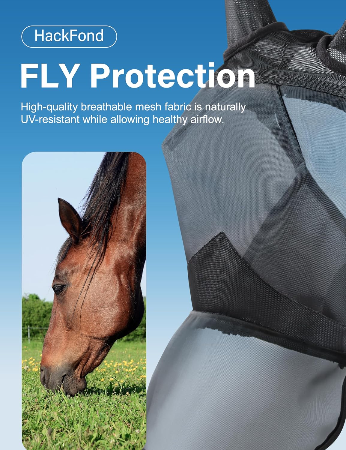 Horse Fly Mask with Nose Cover, UV-Protective Fly Mask for Horses