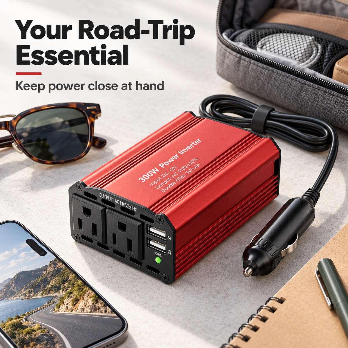 ⚡300W Car Power Inverter | DC 12V to 110V AC Converter | 2 AC Outlets & 2 USB‑A Ports, Aluminum Housing with Cooling Fan for Road Trip & Camping