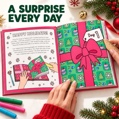 🎄✨Happy Days‑Cosy Christmas Advent Colouring Book | Hardback Edition | 24 Sealed Daily Surprise Sections | All‑Ages Screen‑Free Festive Activity