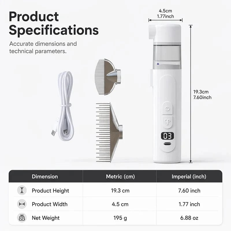 Electric Pet Grooming Comb – Suction & Detangling Tool