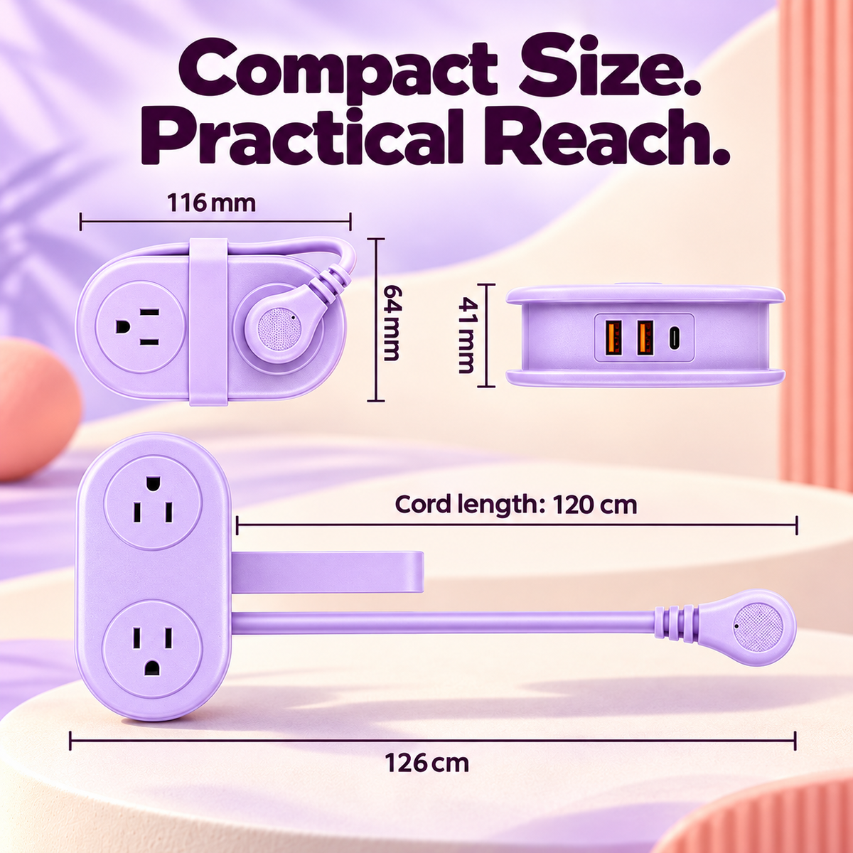🔌 Retractable Travel Power Strip, Portable Wrapped Extension Cord with 2 AC Outlets, USB & USB-C Ports, Compact Desktop Charger for Trip Office