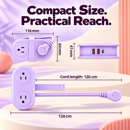 🔌 Retractable Travel Power Strip, Portable Wrapped Extension Cord with 2 AC Outlets, USB & USB-C Ports, Compact Desktop Charger for Trip Office