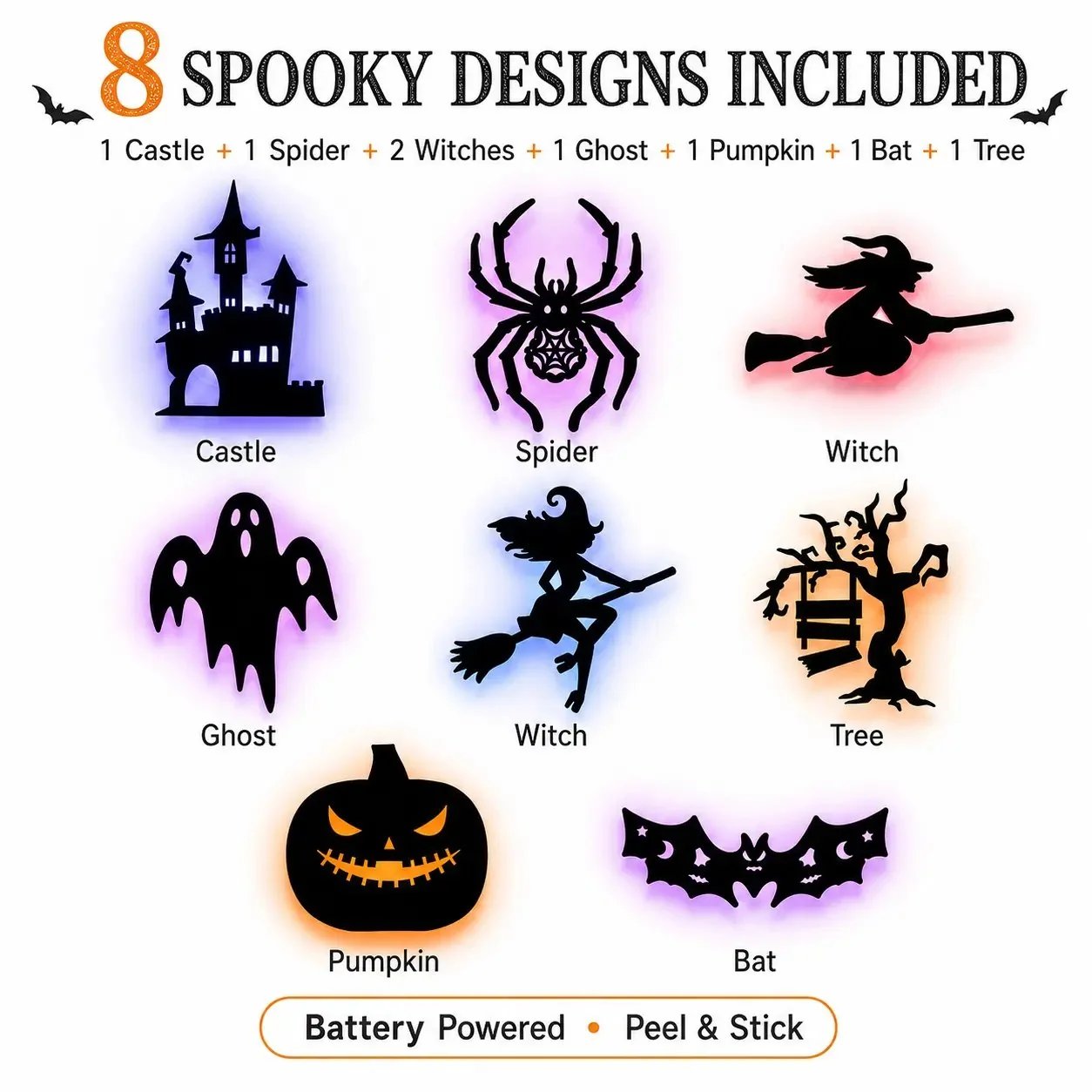 🔥LAST DAY 49% OFF | Renter-Friendly Peel & Stick Halloween LED Window Lights, No Drill No Residue, 8 Spooky Silhouette Designs