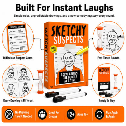 🚨 Sketchy SuspectsTM Police Sketch Party Game | Hilarious Drawing & Guessing Game for Ages 12+, 2+ Players, Family Nights & Parties ✏️😂