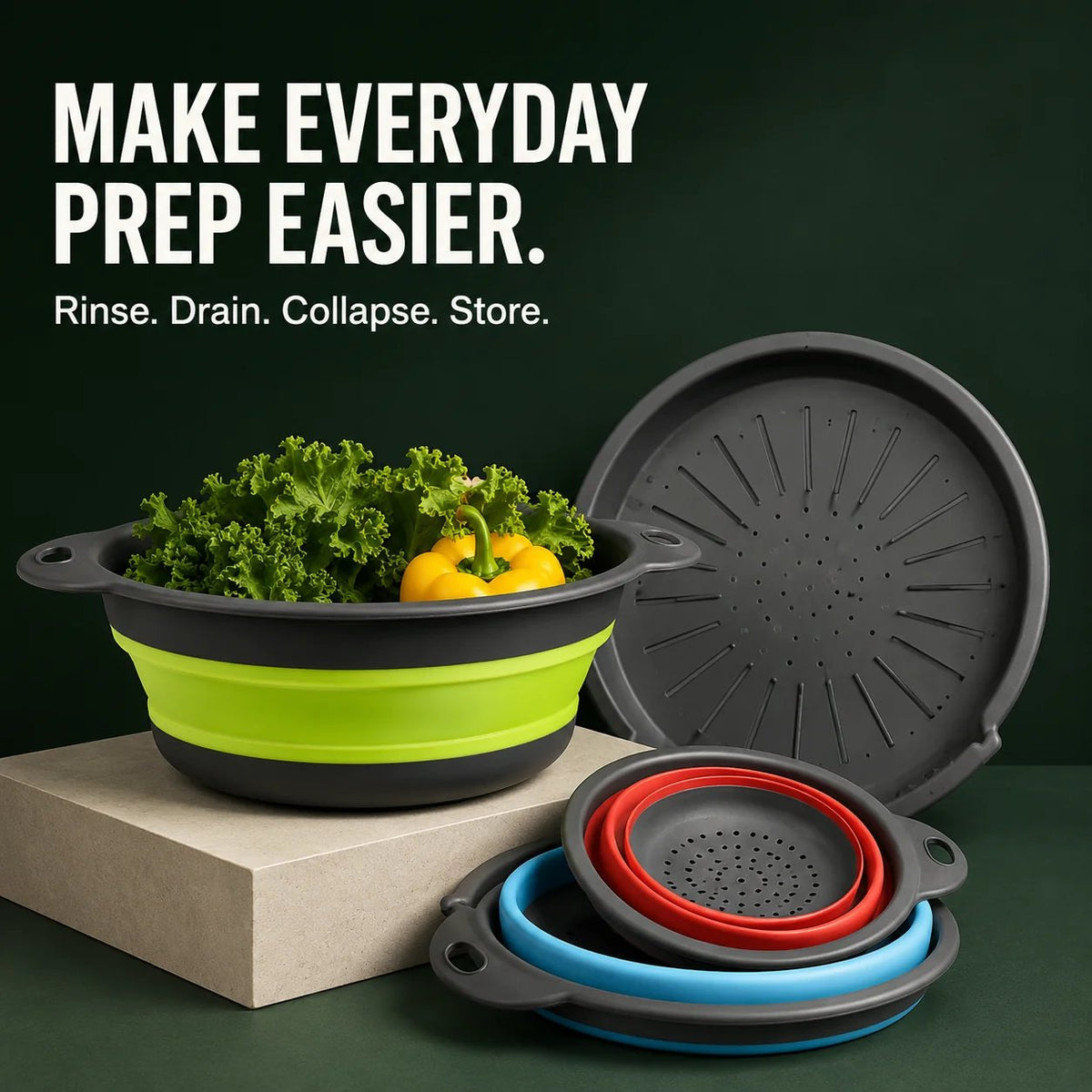 🥬 3-Piece Collapsible Colander Set – Space-Saving Kitchen Strainers for Pasta, Fruit & Vegetables