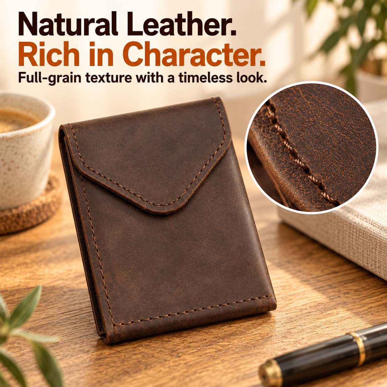 Natural leather grain and stitching
