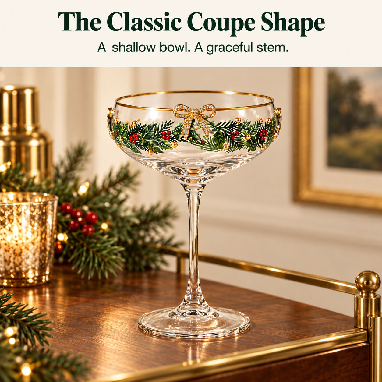 Classic coupe silhouette on a holiday bar cart