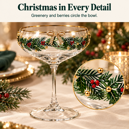 🎄 Christmas Bow Coupe Glass – Gold-Rimmed Holiday Glassware for Festive Tables & Toasts