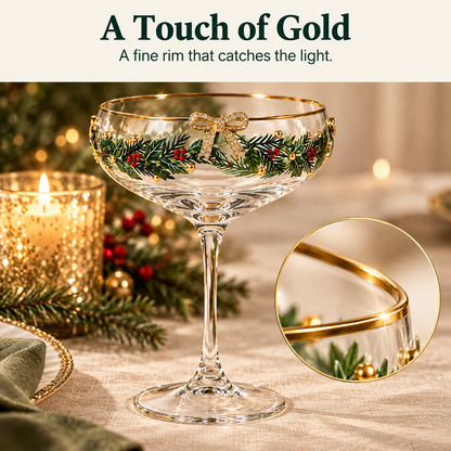 🎄 Christmas Bow Coupe Glass – Gold-Rimmed Holiday Glassware for Festive Tables & Toasts