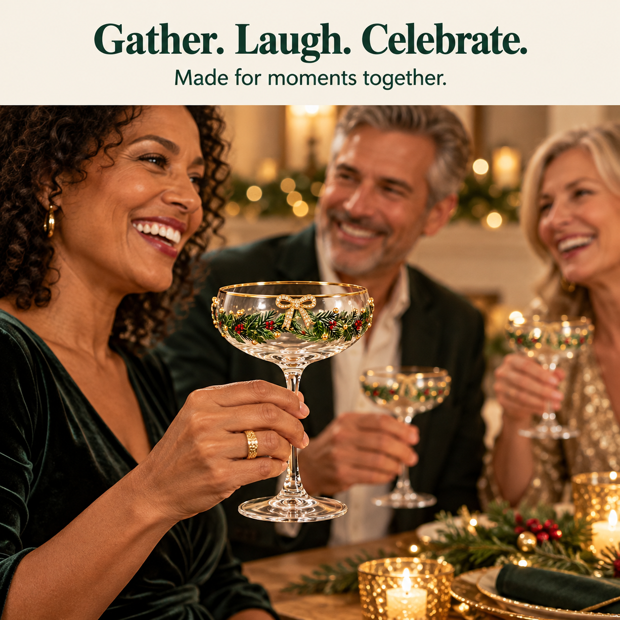 Friends gathering with Christmas bow coupe glasses