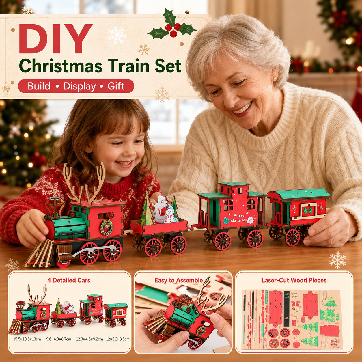 🔥LAST DAY 49% OFF - 🎄DIY Christmas Wooden Train Set 3D Assembly Puzzle Kit
