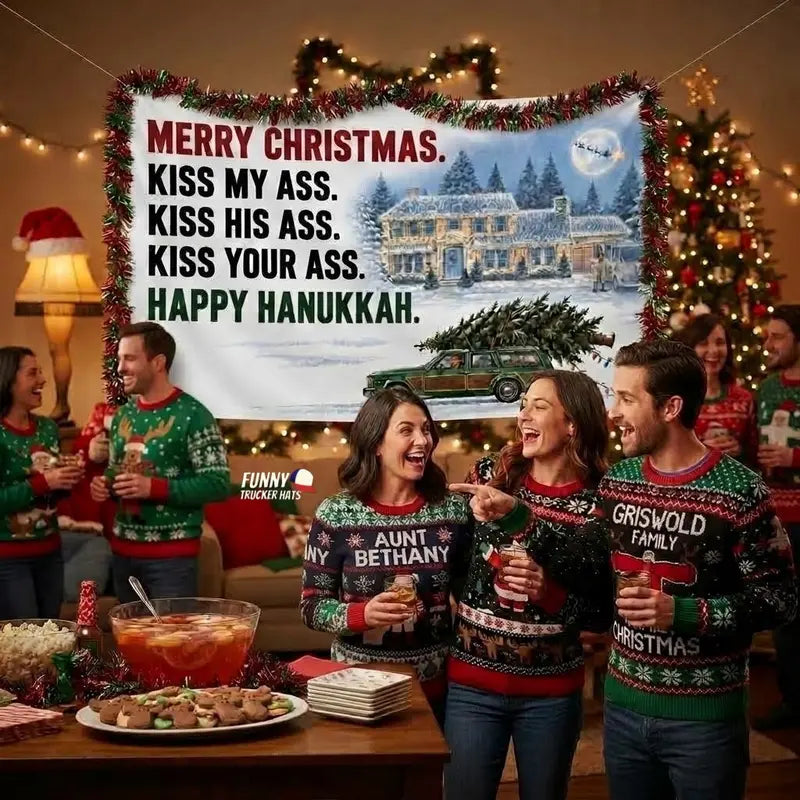Funny Christmas Flag 3x5 FT – Merry Christmas Happy Hanukkah Holiday Quote Banner, Single-Sided with Metal Grommets, Snowy House RV Station Wagon Design, Xmas Porch Yard Garage Wall Decor, Holiday Party Decoration, Funny Gift for Adults, Winter Decor