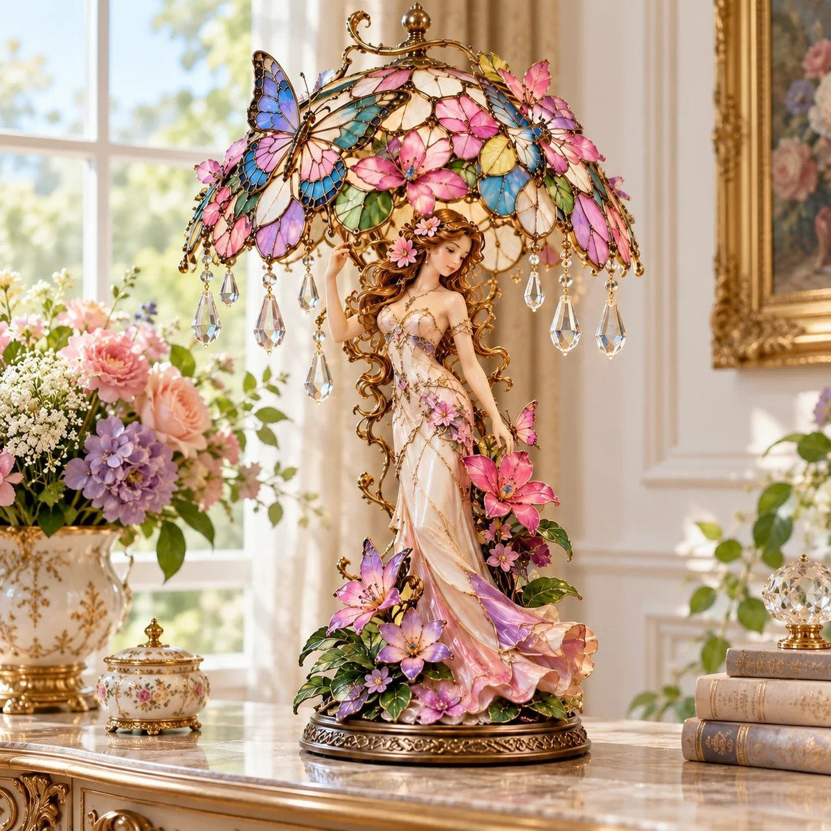 “Enchanted Butterfly Garden Lady” Lamp – Illuminated Flower Sculpture