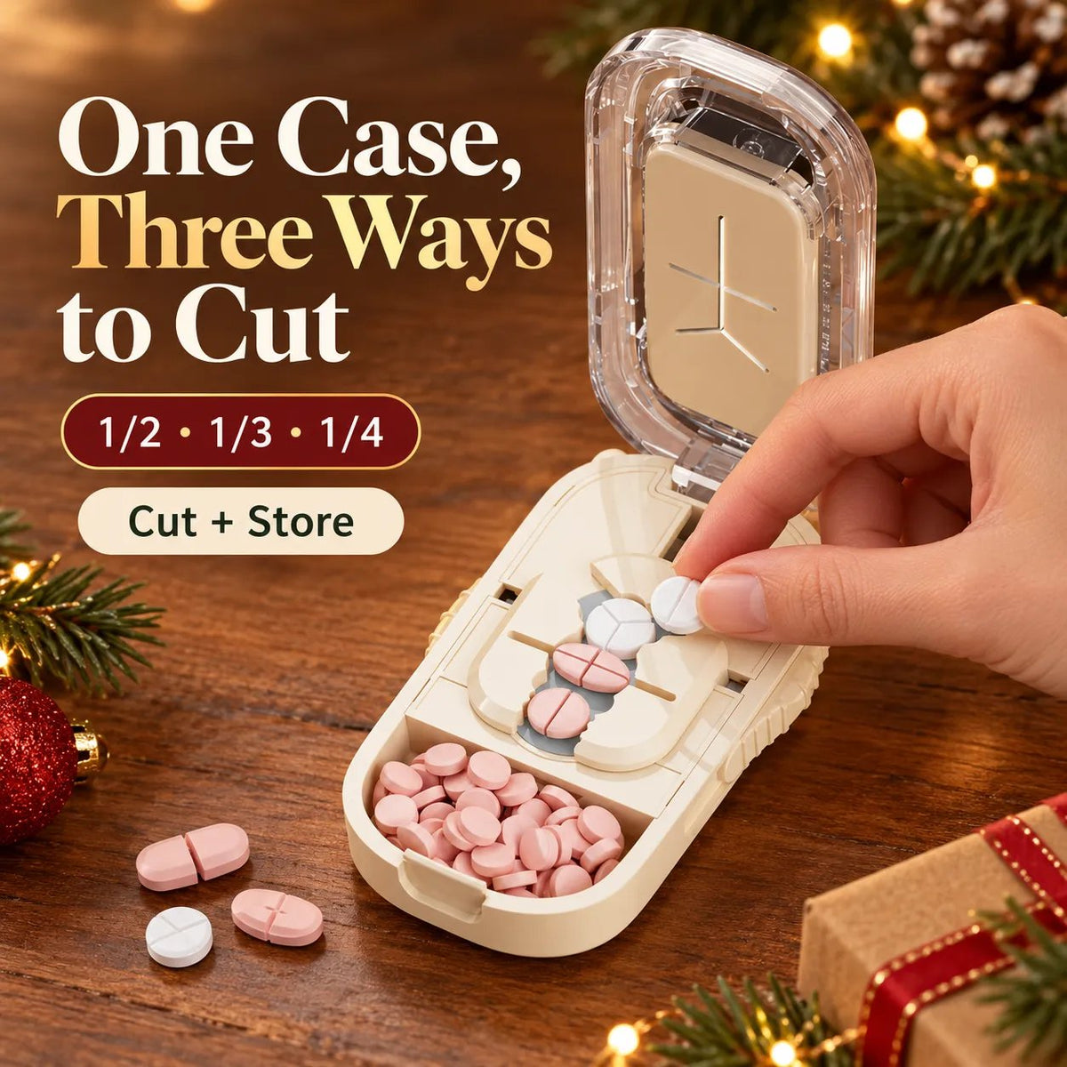 Precision 4-Way Pill Cutter & Storage Case | 1/2, 1/3 & 1/4 Divider