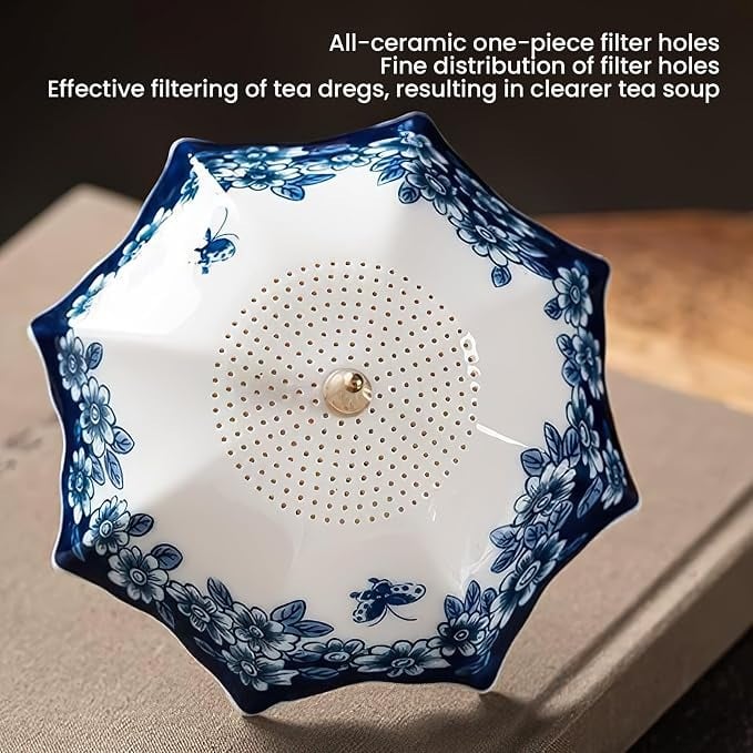 Umbrella Shape Ceramic Tea Strainer - Chinese Blue & White Porcelain Loose Leaf Filter with Rotating Design, Multi-Purpose Tea Infuser for Kung Fu/Coffee