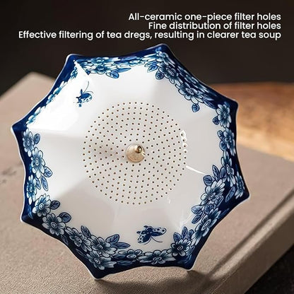 Umbrella Shape Ceramic Tea Strainer - Chinese Blue & White Porcelain Loose Leaf Filter with Rotating Design, Multi-Purpose Tea Infuser for Kung Fu/Coffee