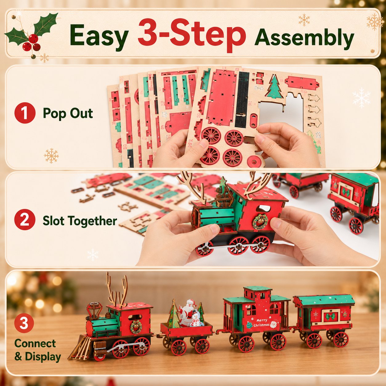 🔥LAST DAY 49% OFF - 🎄DIY Christmas Wooden Train Set 3D Assembly Puzzle Kit