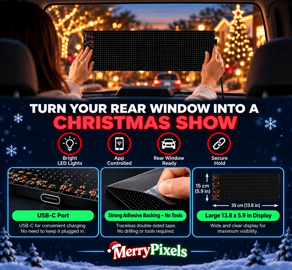 Christmas LED Pixel Window Display | App Controlled Animated Holiday Light for Car & Home Decor