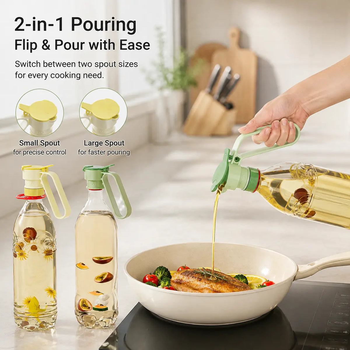 Sohochic Plastic Bottle Pour Spout Cap Dispenser - 1 Count, Portable Kitchen Utensil with Carry Handle, Detachable Wide Mouth & Different Caliber, for DIY Oil Pots & Refrigerator Cold Water Making