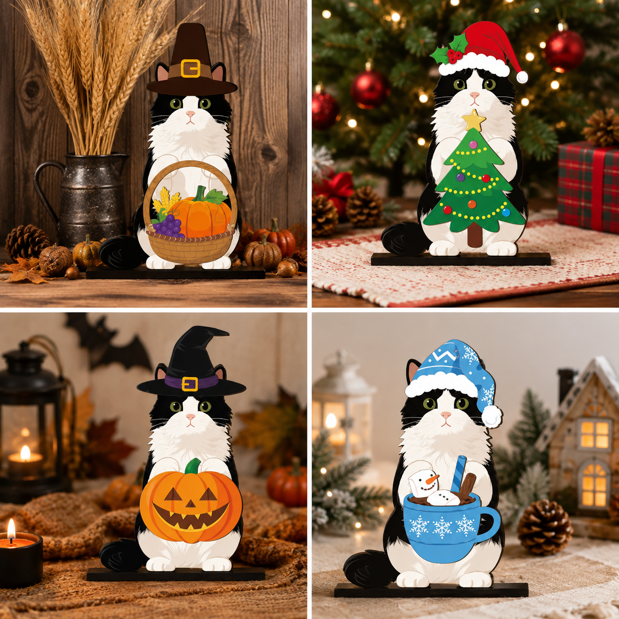 🐾 Interchangeable Wooden Cat Seasonal Desk Sign (27-Pcs Set)