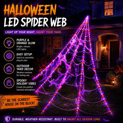 🔥Light-Up Halloween Spider Web Decor with Timer – Waterproof Purple & Orange LED Spooky Lights for Lawn & Outdoor Party