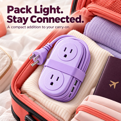 🔌 Retractable Travel Power Strip, Portable Wrapped Extension Cord with 2 AC Outlets, USB & USB-C Ports, Compact Desktop Charger for Trip Office
