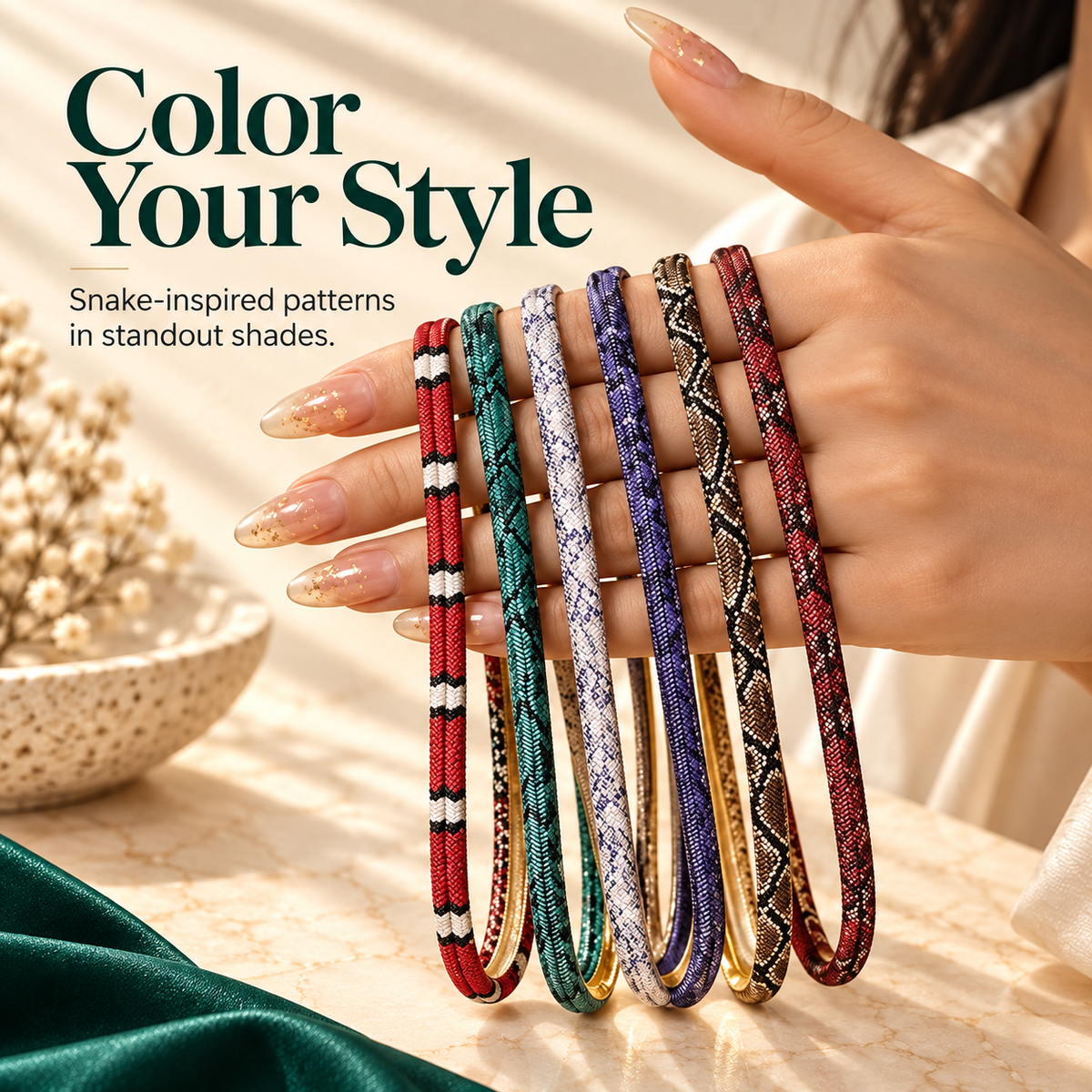 Multiple snake-pattern necklace color options including green, red, purple, white, and dark neutrals