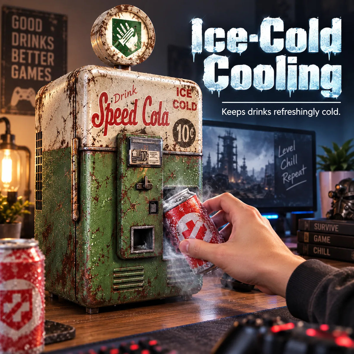 ⚡ Ultimate Gaming Sanctuary | Apocalypse Vintage Mini Fridge & Cooler 🎮