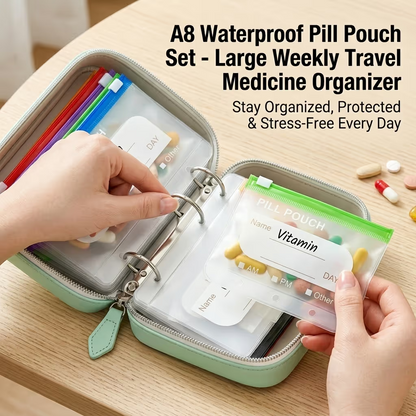 💊A8 Waterproof 14-Pouch Weekly Pill Organizer, Color-Coded Travel Storage for Vitamins & Supplements