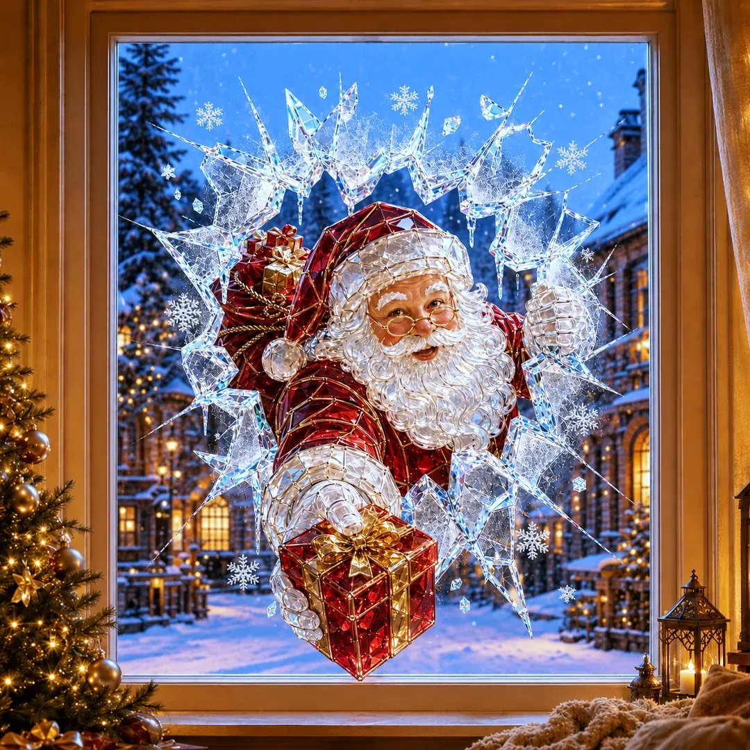 🎄Crystal Christmas Break-In Window Decal | 3D Shattered Glass Illusion with Sparkling Holiday Characters for Magical Window Decorations ✨🎅