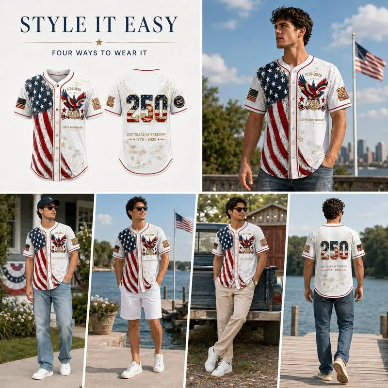 Men's USA 250th Anniversary Baseball Jersey Patriotic American Flag Eagle Button Down Shirt 1776-2026
