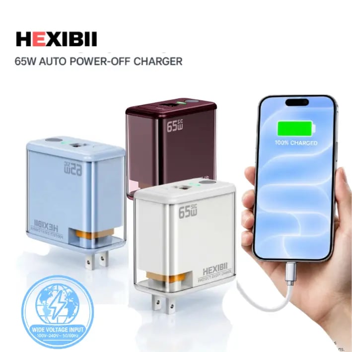 ⚡ HEXIBII 65W SiC Fast Wall Charger with Auto Power-Off – Dual USB-C & USB-A Charger Block for MacBook Pro, iPhone 18/17/16/15 & Galaxy