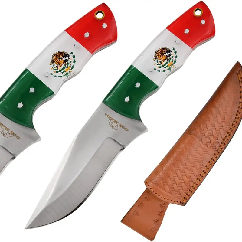Old Ram Handmade "Mexico Flag" 8" Fixed Blade Knife, 4" Bone & Wood Handle, With Leather Carrying Case