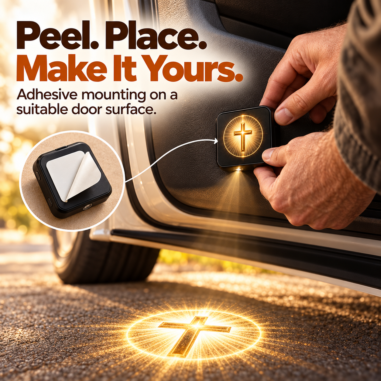 Christian car-door projector — adhesive backing demonstration