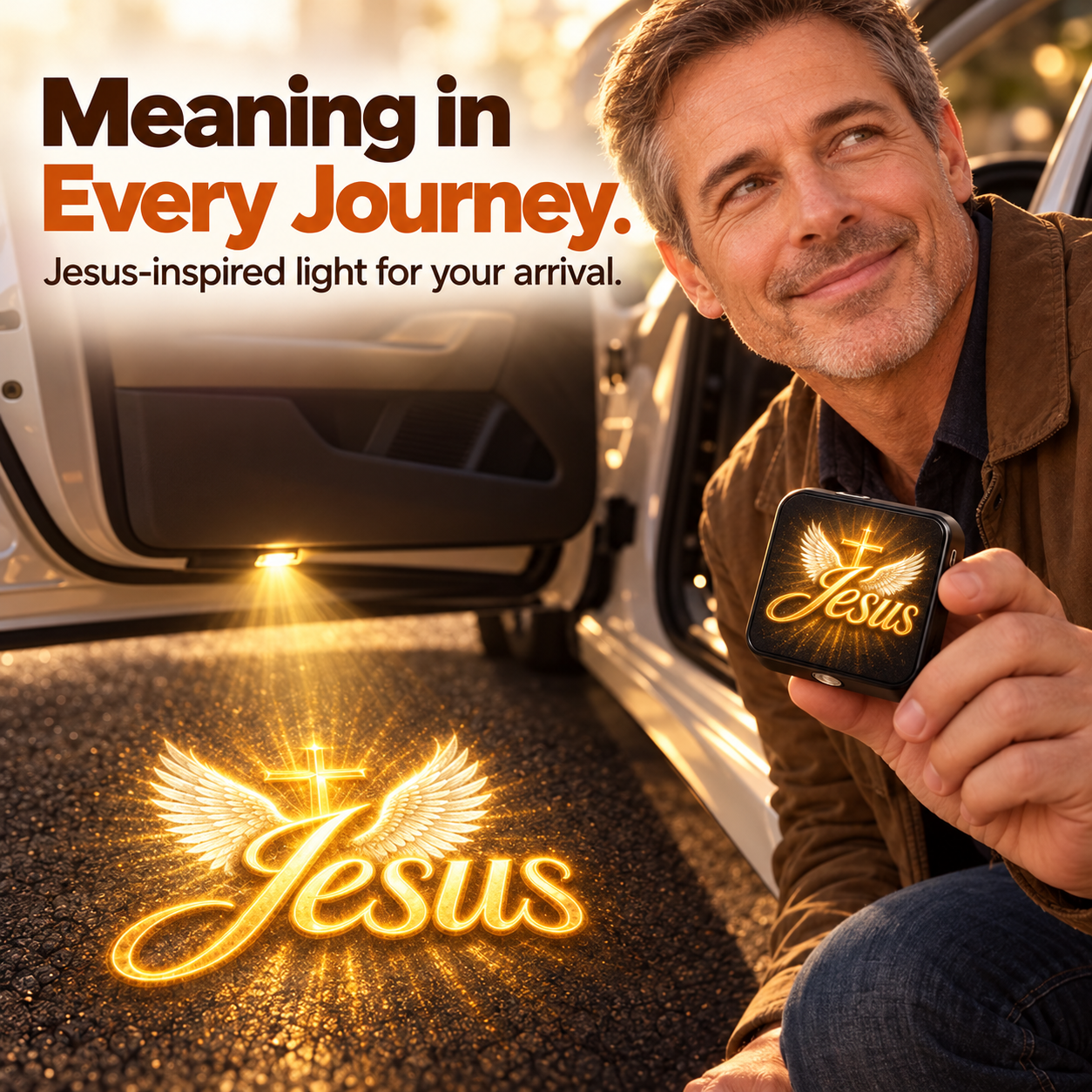 Christian car-door projector — winged Jesus motif