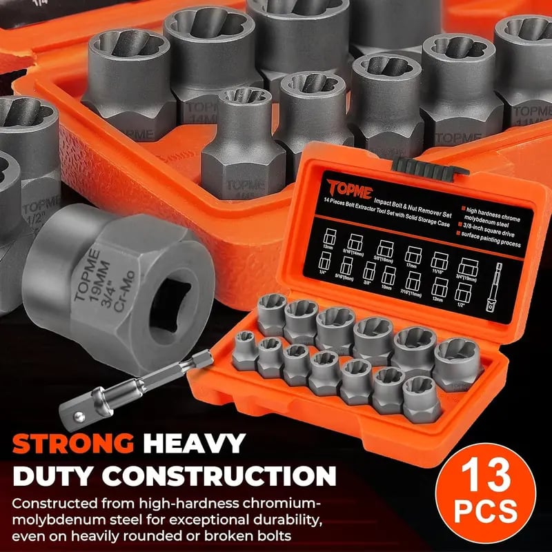 TOPME Bolt Extractor Kit,13+1 Piece Impact-Grade CR-MO Steel Nut Remover Set, 3/8' Drive Socket for Removing Frozen/Rusted/Rounded Bolts & Lug Nuts (Sizes 8-19mm)