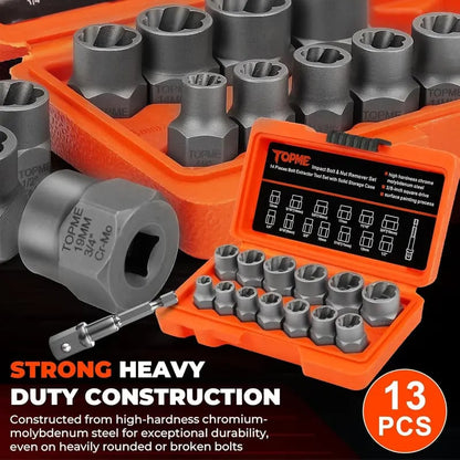 TOPME Bolt Extractor Kit,13+1 Piece Impact-Grade CR-MO Steel Nut Remover Set, 3/8' Drive Socket for Removing Frozen/Rusted/Rounded Bolts & Lug Nuts (Sizes 8-19mm)