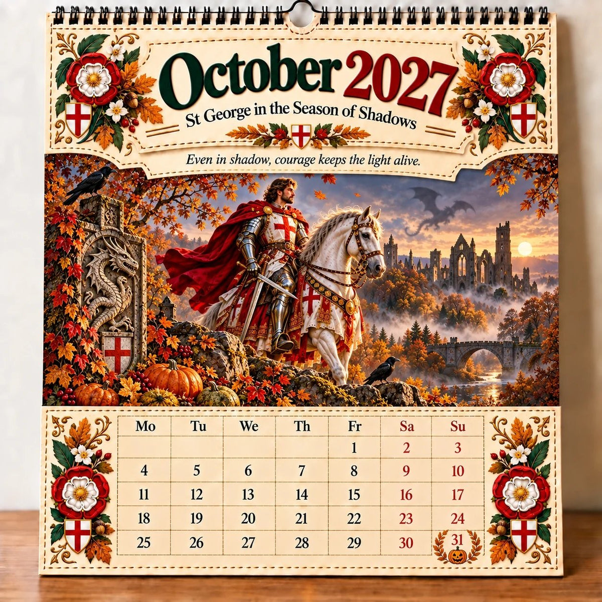 ⏳ Last Day 49% OFF – 🛡️ 2027 England St. George Wall Calendar | 12 Illustrated Monthly Scenes with Faith, Courage & Heritage 🇬🇧
