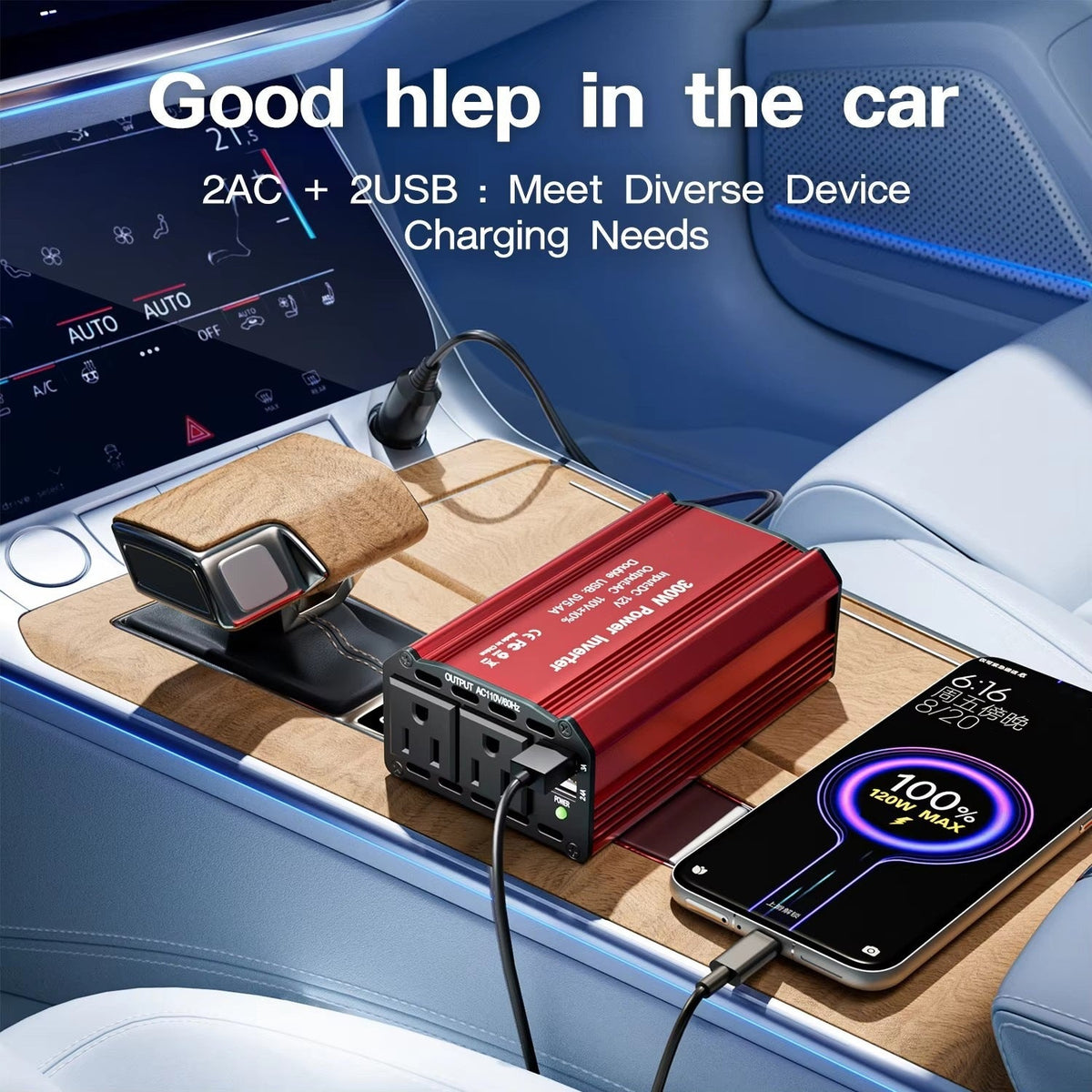 ⚡300W Car Power Inverter | DC 12V to 110V AC Converter | 2 AC Outlets & 2 USB‑A Ports, Aluminum Housing with Cooling Fan for Road Trip & Camping