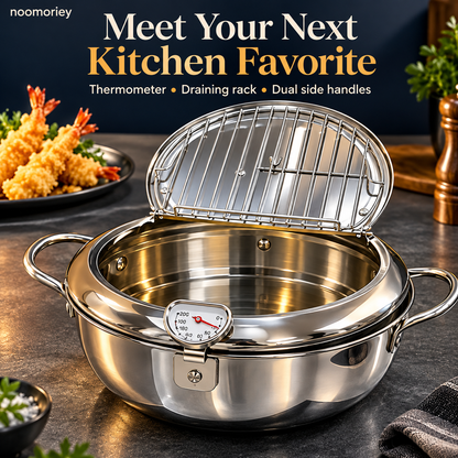 🍗 Deep Frying Pot with Thermometer & Lid Draining Rack – Dual-Handle Frying, Stir-Frying & Boiling Pot
