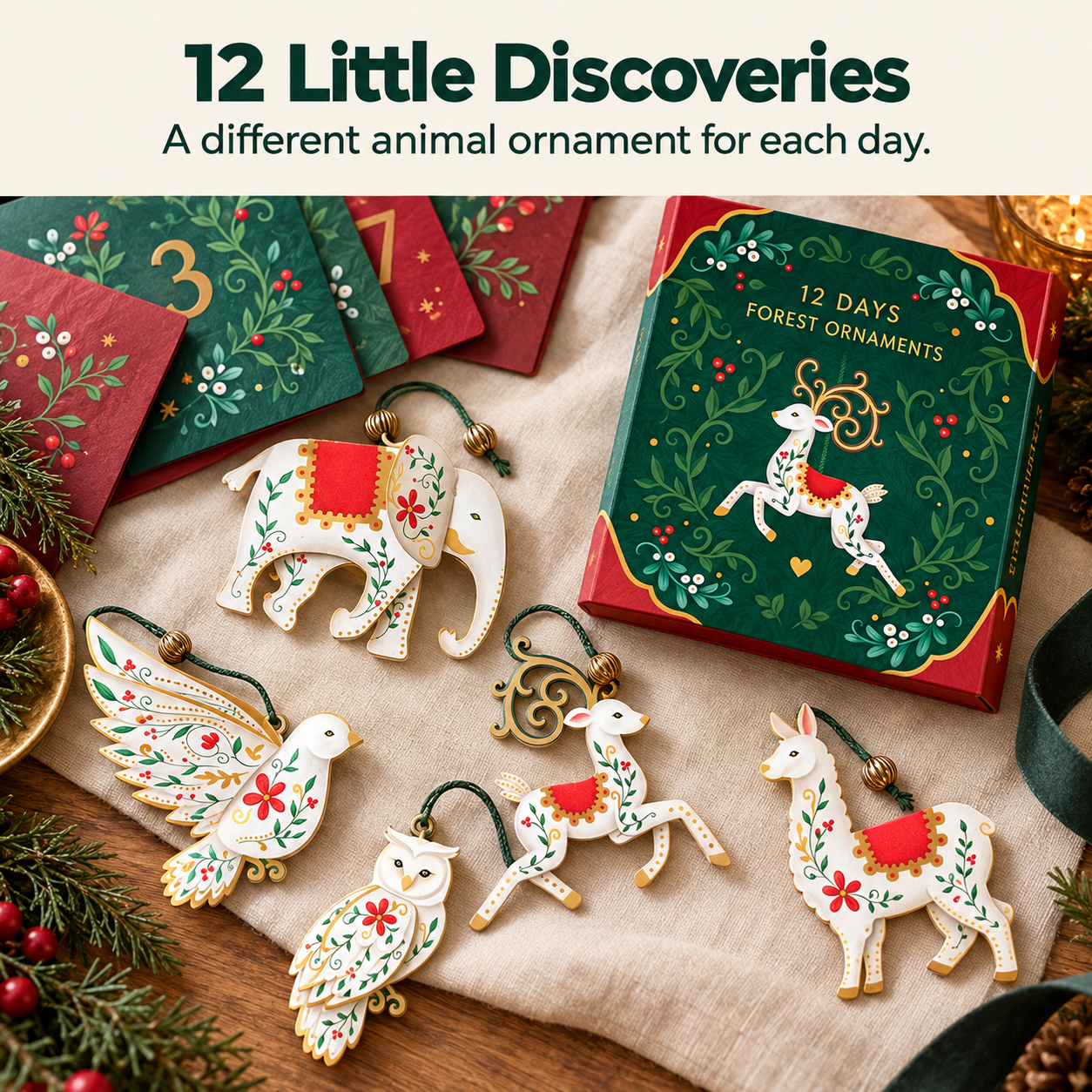Selected illustrated animal ornaments from the twelve-piece calendar collection
