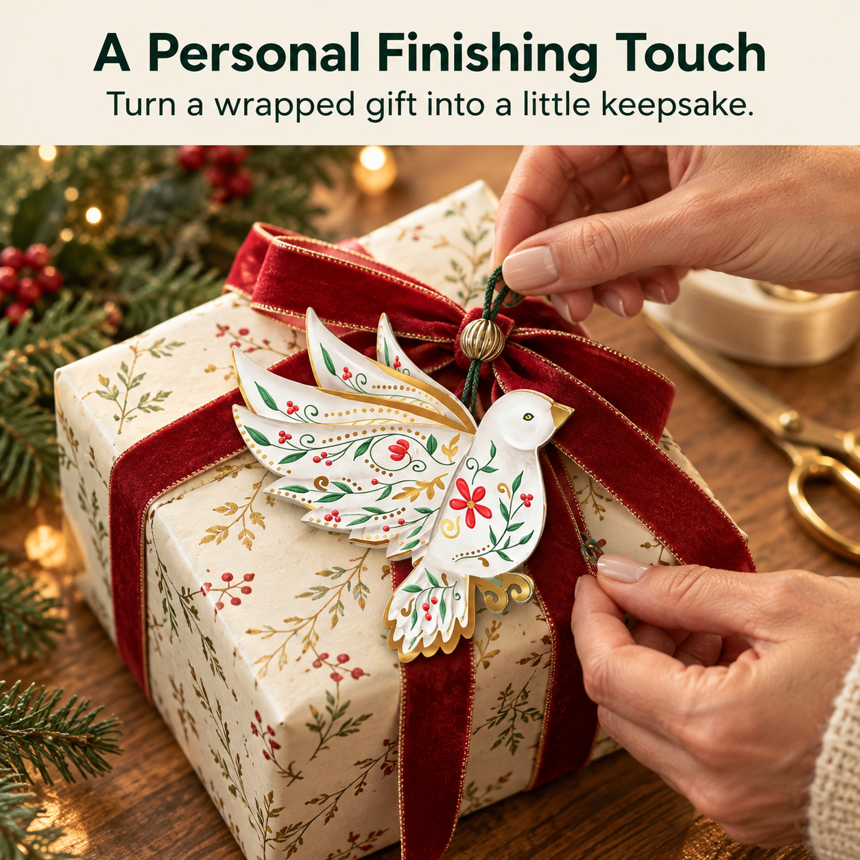 A dove ornament used as a decorative gift topper