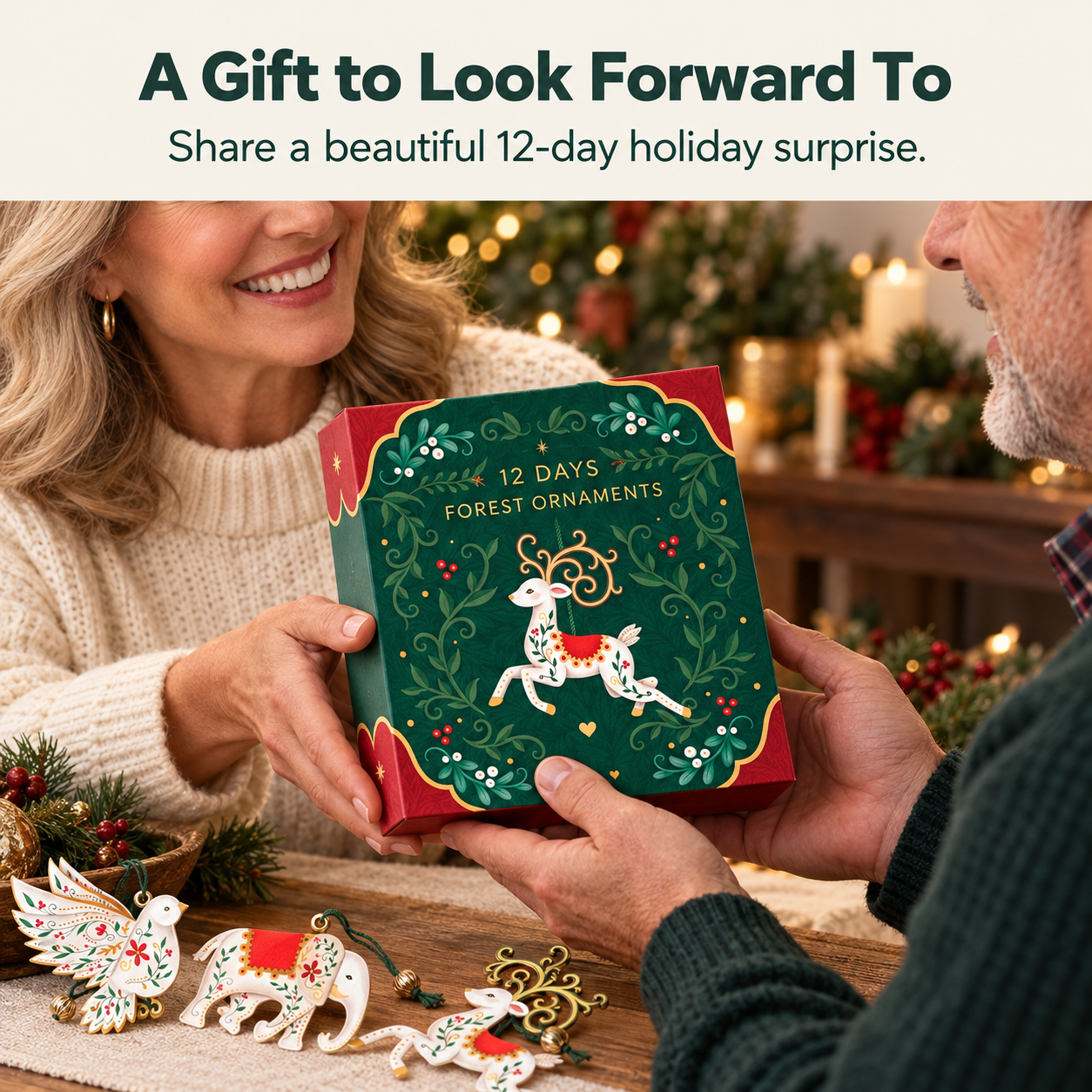 Mature adults gifting the twelve-day ornament calendar