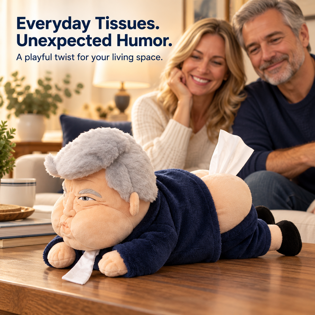 Adults enjoying a gray-haired navy-outfit plush tissue holder at home