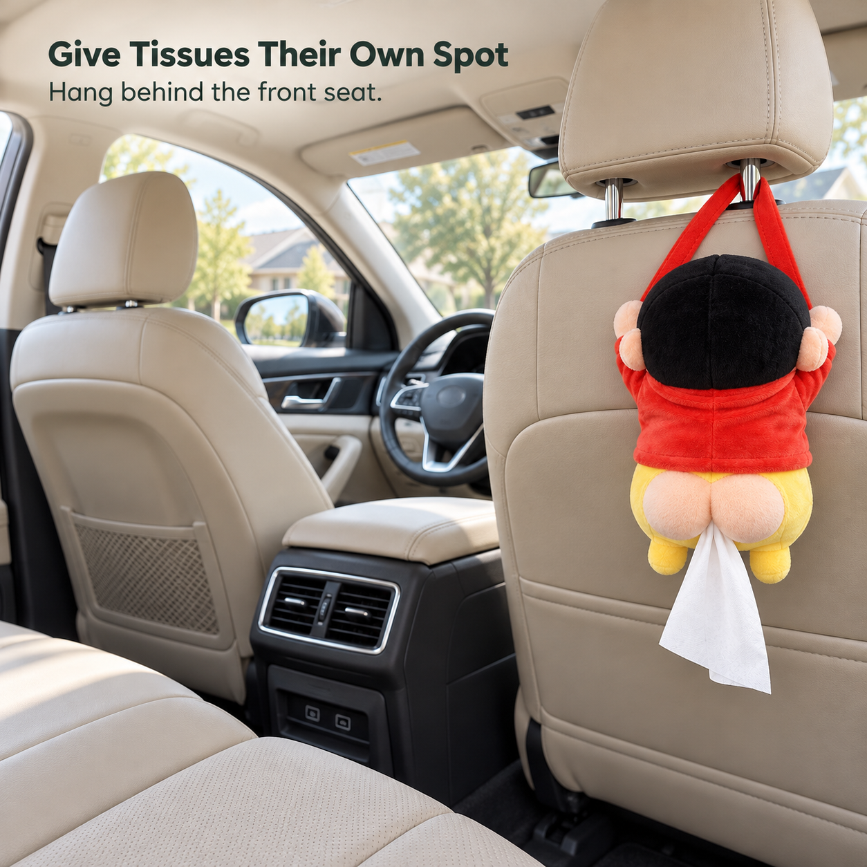 A hanging tissue holder keeping seat and console surfaces clear